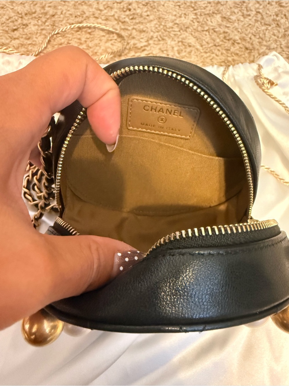 CHANEL Black Quilted Round Mini Crossbody with Pearls & Gold Chain - Picture 3 of 8